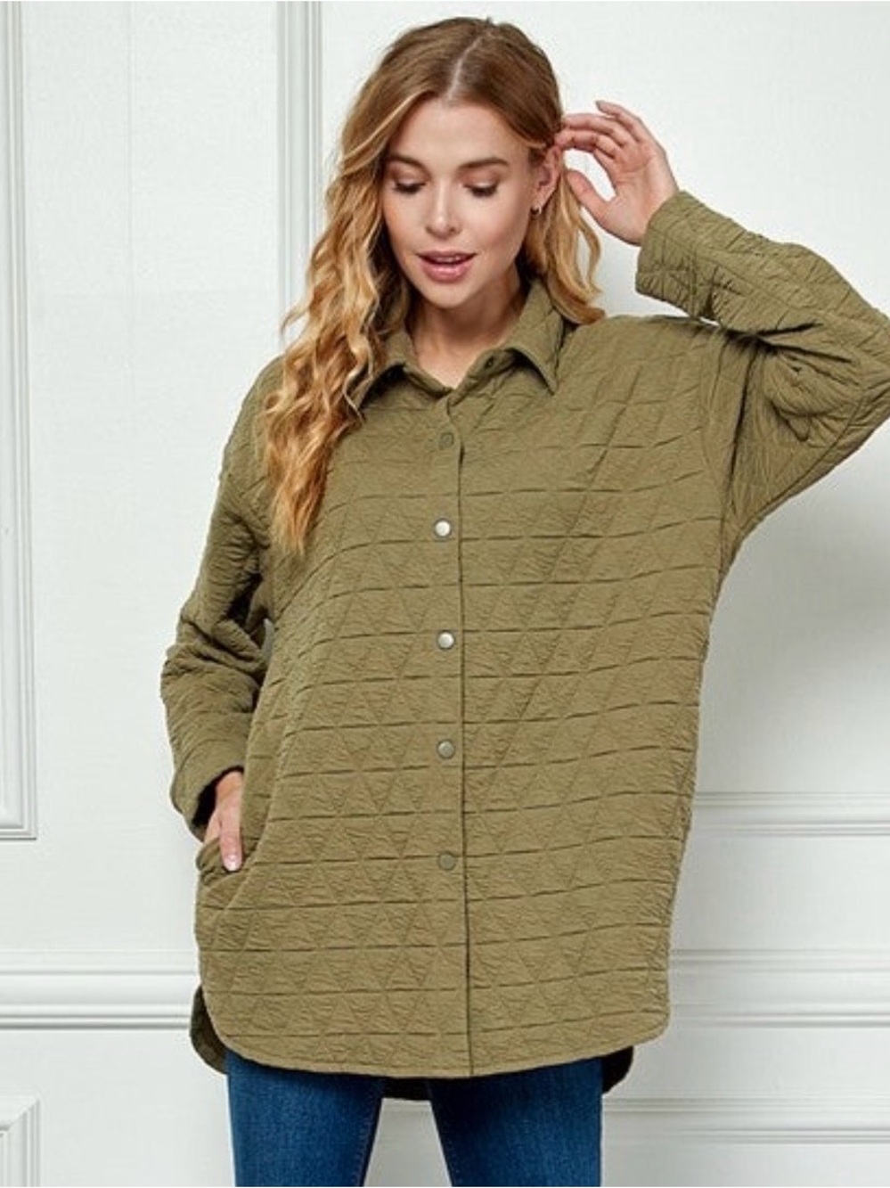 NWT Quilted Button-Front Olive Green Shirt Jacket